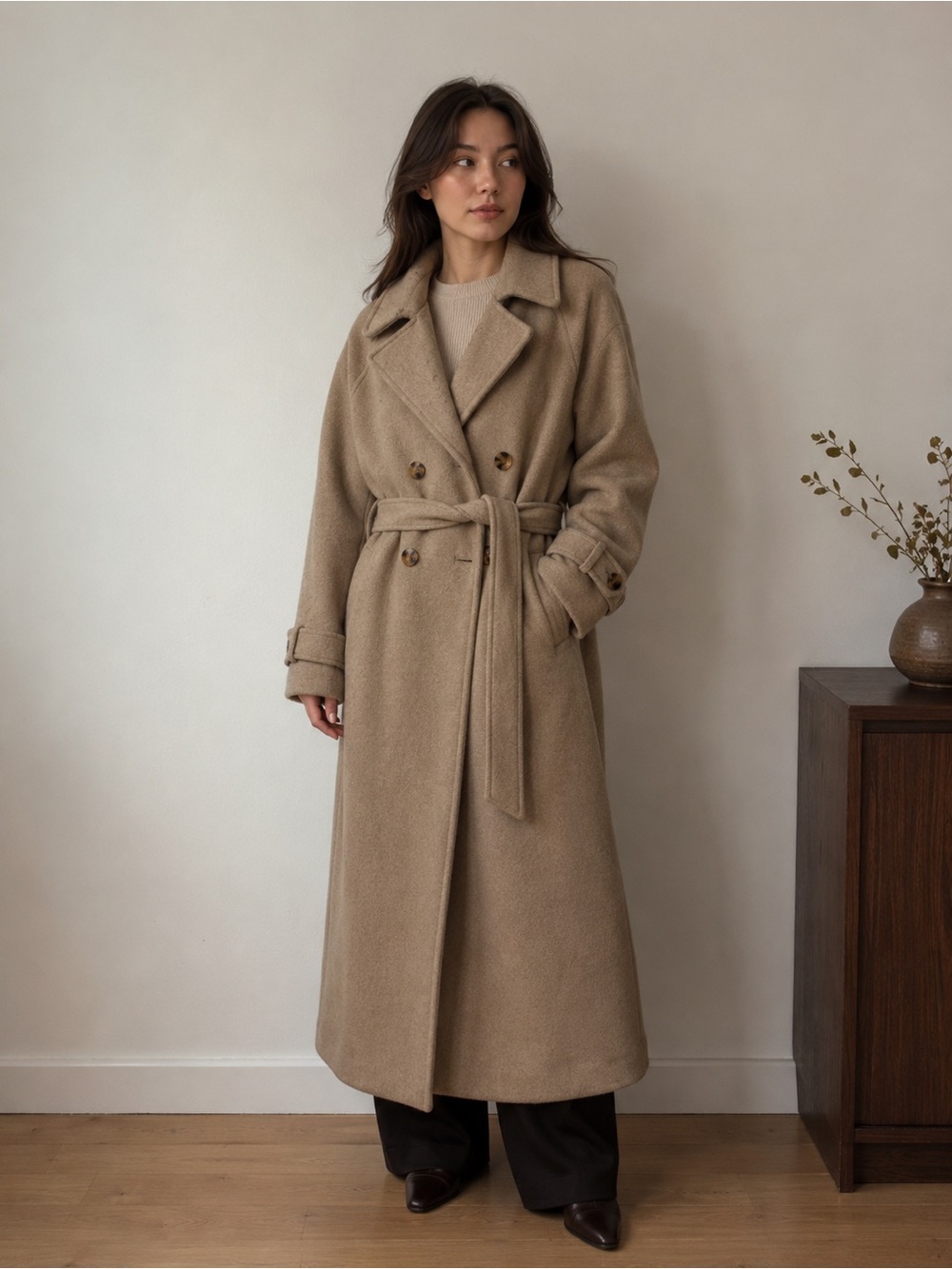 Abercrombie & Fitch Double-Breasted Belted Trench Coat in Camel